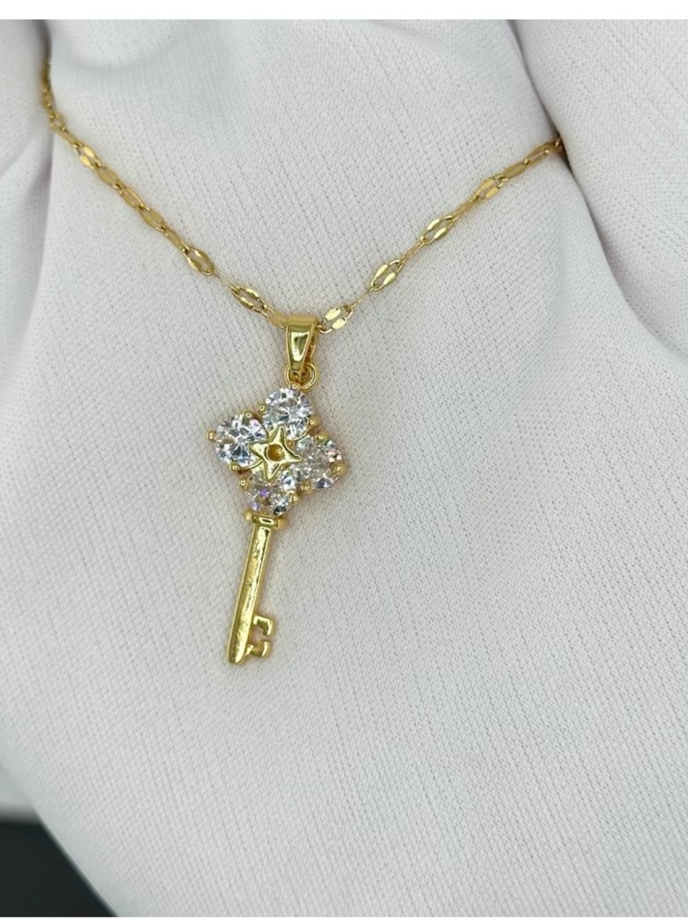 Gold Key Pendant Necklace with Clear Crystal Flower Accent - Women Jewelry